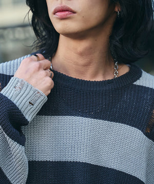 ボーダーダメージニットプルオーバー