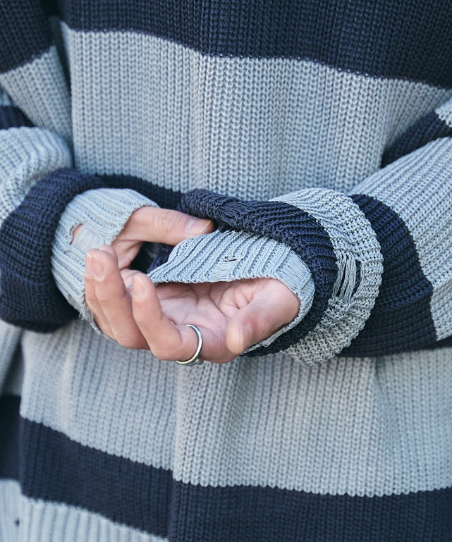 ボーダーダメージニットプルオーバー