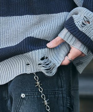 ボーダーダメージニットプルオーバー