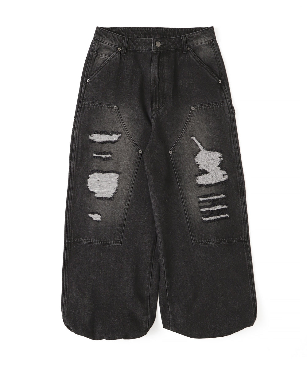 ダブルニーダメージデニムパンツ