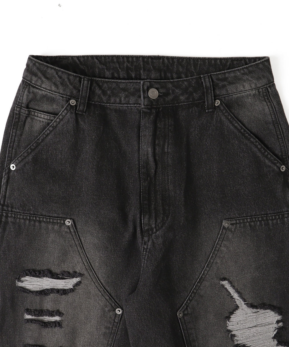 ダブルニーダメージデニムパンツ
