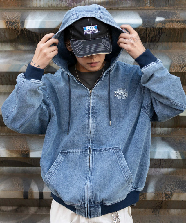 ワーカーズフードブルゾン/デニム中濃加工 モデル：175cm L着用