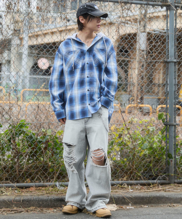 ブルーチェック1 　モデル：175cm L着用