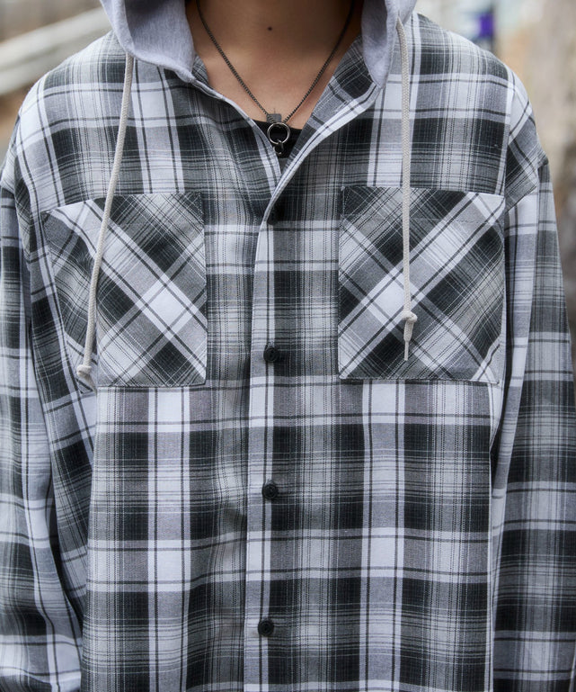 オンブレチェックフードシャツ（LS）