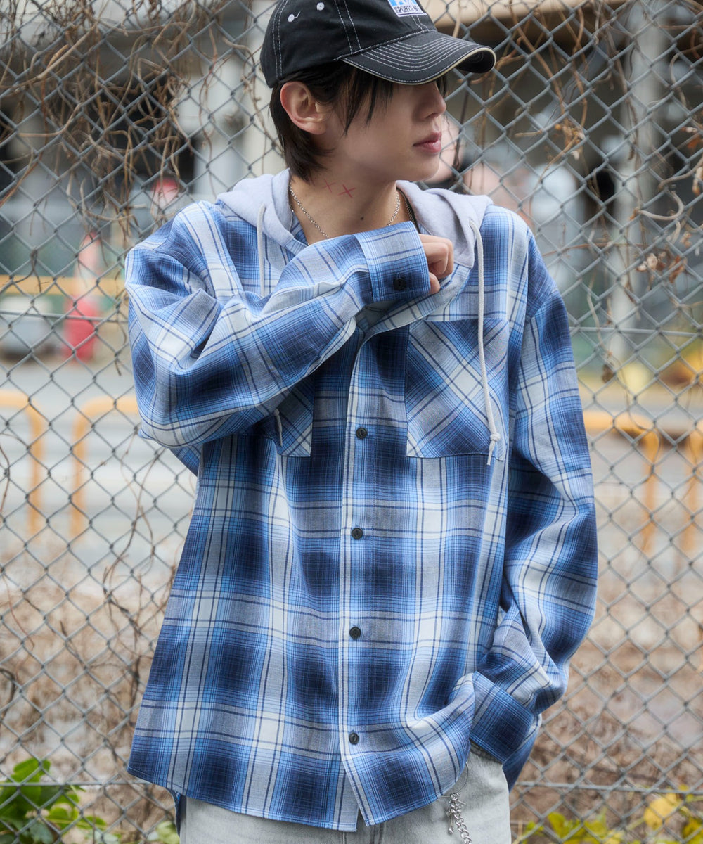 ブルーチェック1 　モデル：175cm L着用
