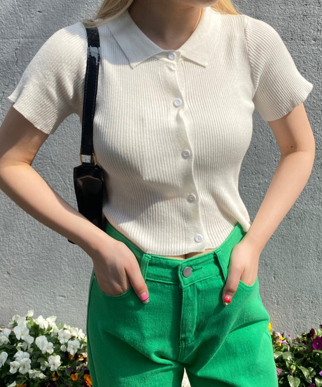 カラー半袖ポロシャツ/ホワイト モデル：158㎝ F着用