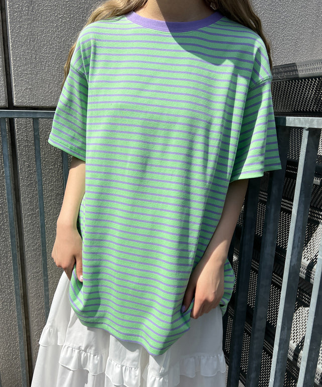 マルチボーダービッグTシャツ/グリーン モデル：160㎝ F着用
