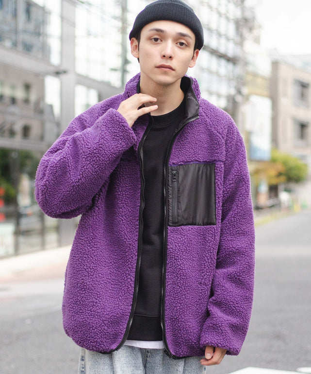 PINEALall【美品 M】ステューシー 刺繍ロゴ シェルパ ボア モック ジャケット 紫