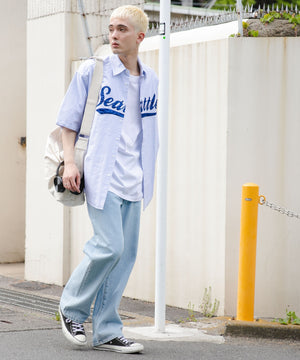 ブルー系ストライプ モデル：178cm L着用