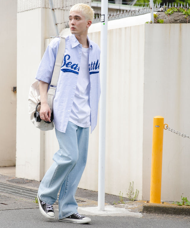 ブルー系ストライプ モデル：178cm L着用