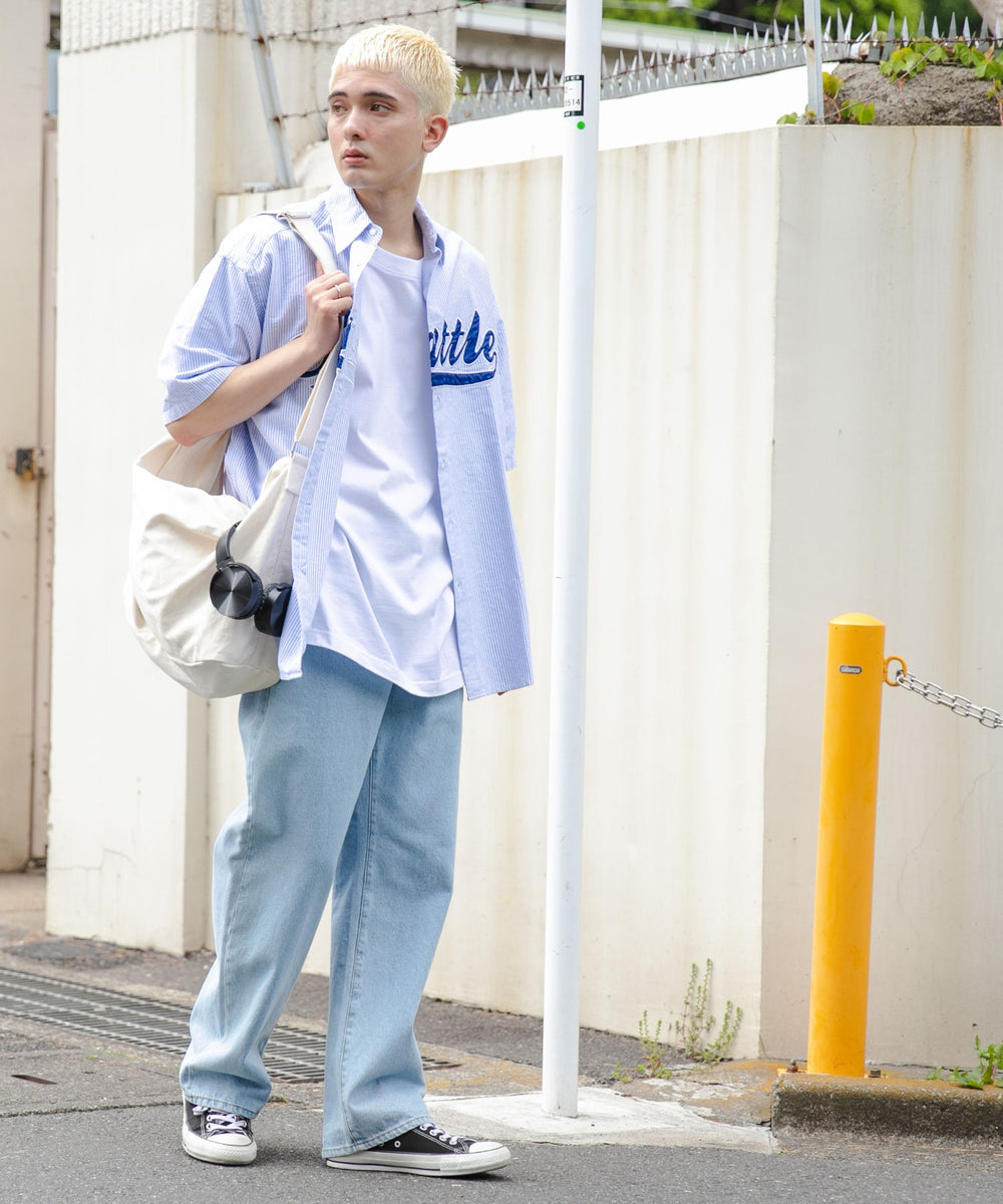 ブルー系ストライプ モデル：178cm L着用