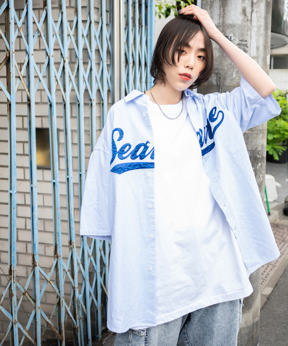 ブルー系ストライプ モデル：166cm L着用