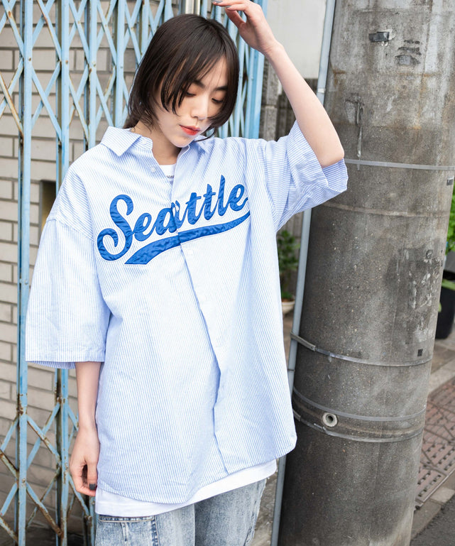 ブルー系ストライプ モデル：166cm L着用