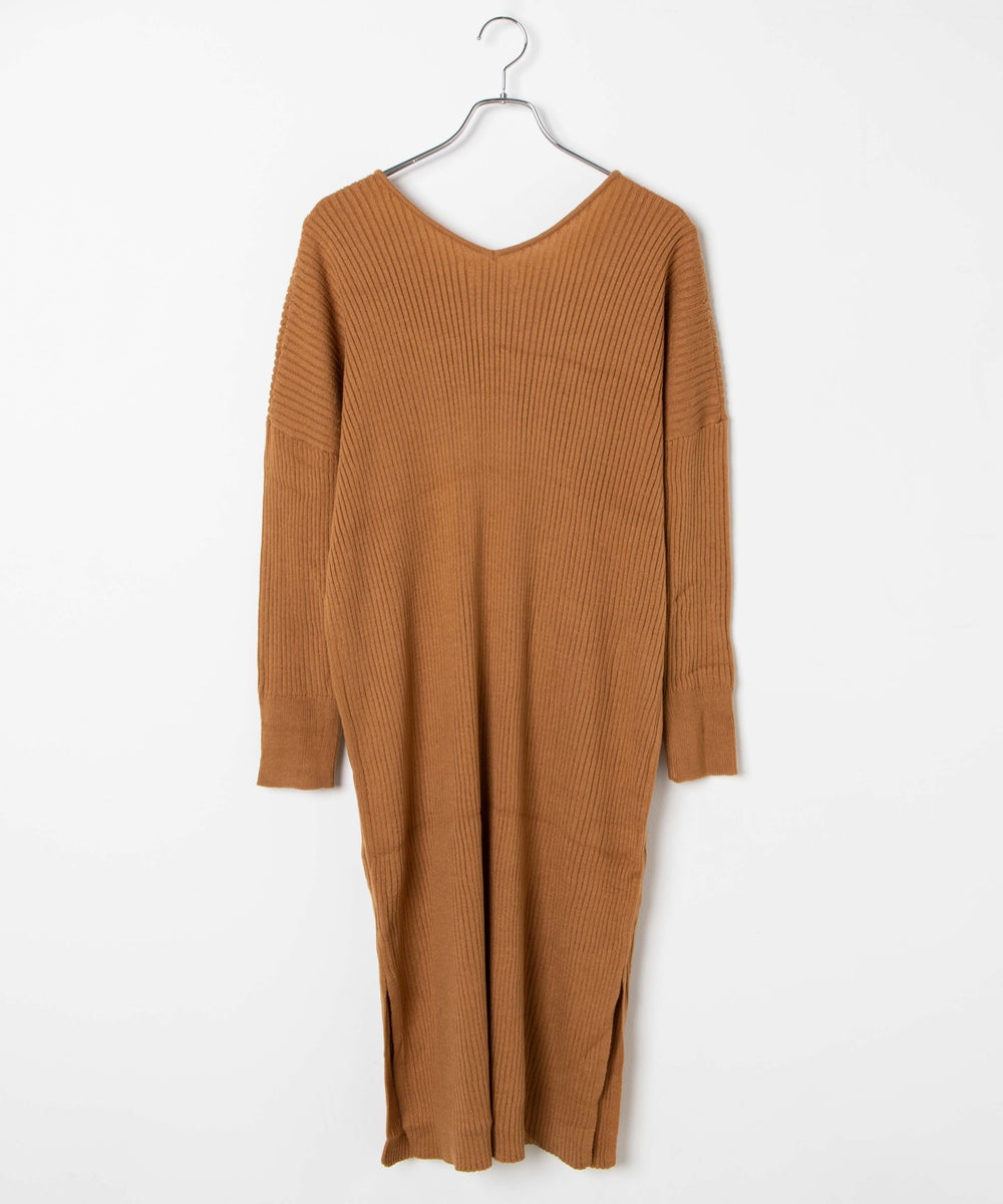 リブVネックスリットワンピース