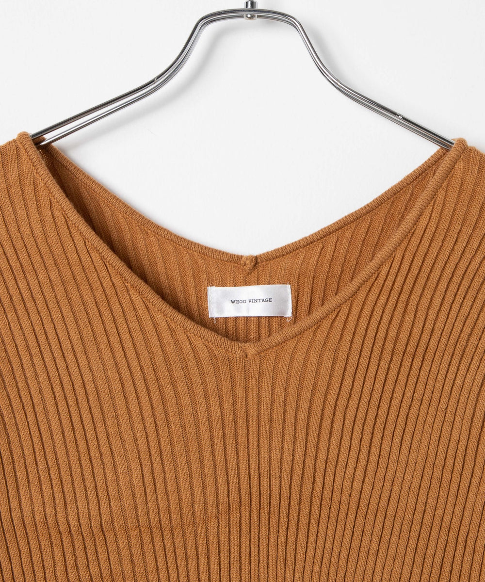 リブVネックスリットワンピース